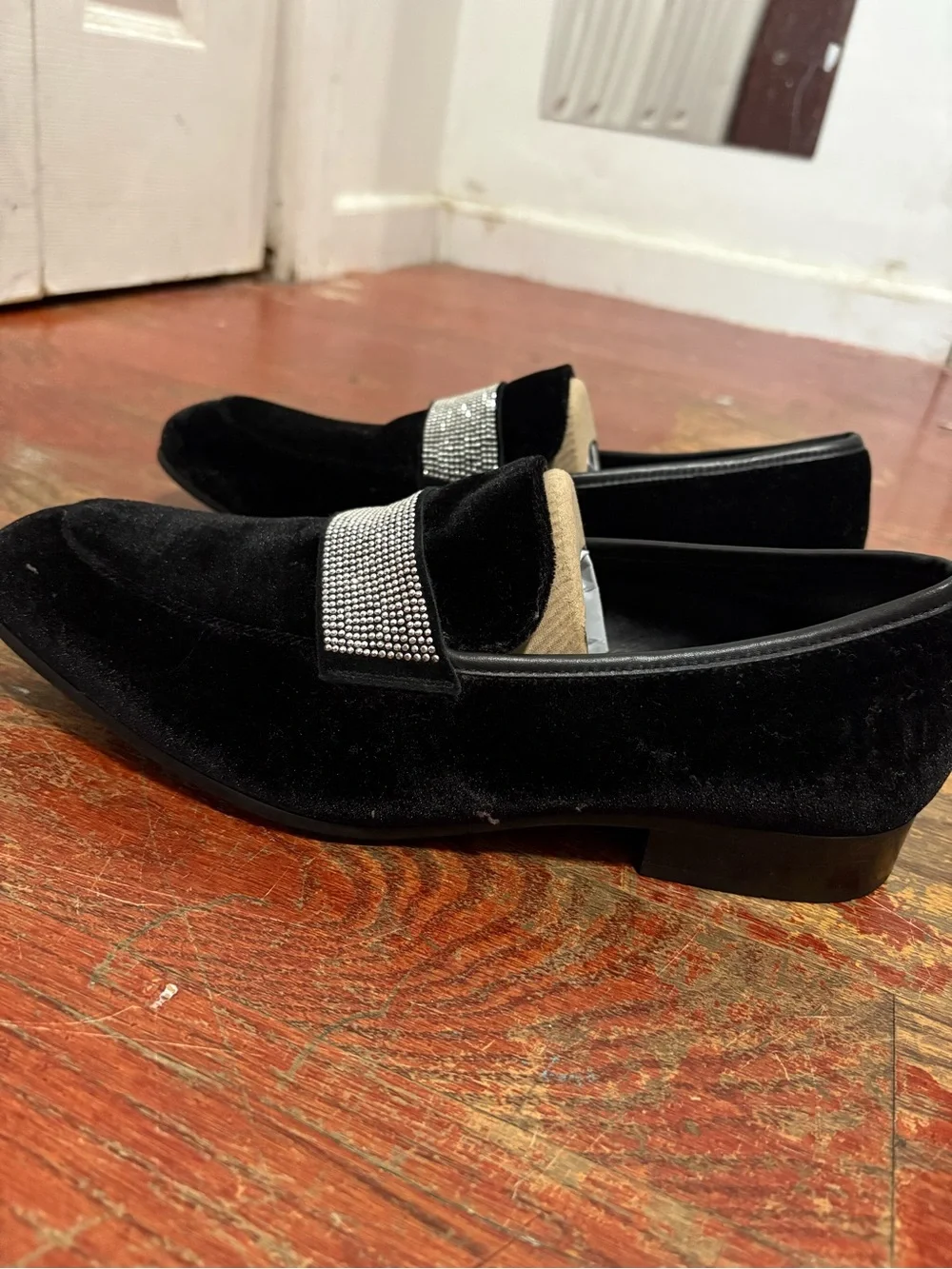 Aldo Black Velvet Loafers with Rhinestone Band